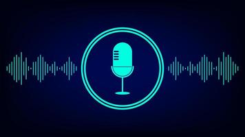 Neon blue microphone icon in a circle with surrounding sound waves on a dark background, representing podcast, audio recording, or live voice broadcasting vector
