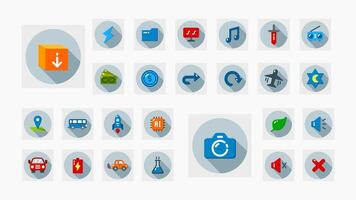 Flat long shadow icons covering UI, technology, transport, media, money, science, AI, eco, and mobile interaction themes. vector