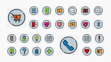 Colorful outlined icons with dotted circle backgrounds, ideal for apps, UI UX, ecommerce, security, health, coding, and communication interfaces. vector