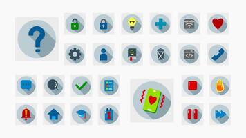 Flat icons with long shadow style. Covers UI, mobile, education, coding, health, alerts, access, and social interaction themes. vector