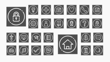 Minimalist line icons on dark background, perfect for apps, websites, UI UX, covering security, media, education, tools, and more. vector