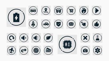 Modern solid line icons with circular frames for UI design, covering AI, battery, media, transport, finance, science, nature, and social features. vector