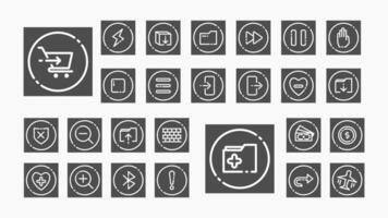 Essential line icons with circular frames for apps and web UI, covering shopping, finance, files, health, media, security, and system tools. vector