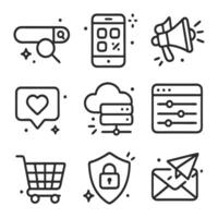 Web icon set featuring nine black and white icons of common website features suitable for digital design projects and web development. vector