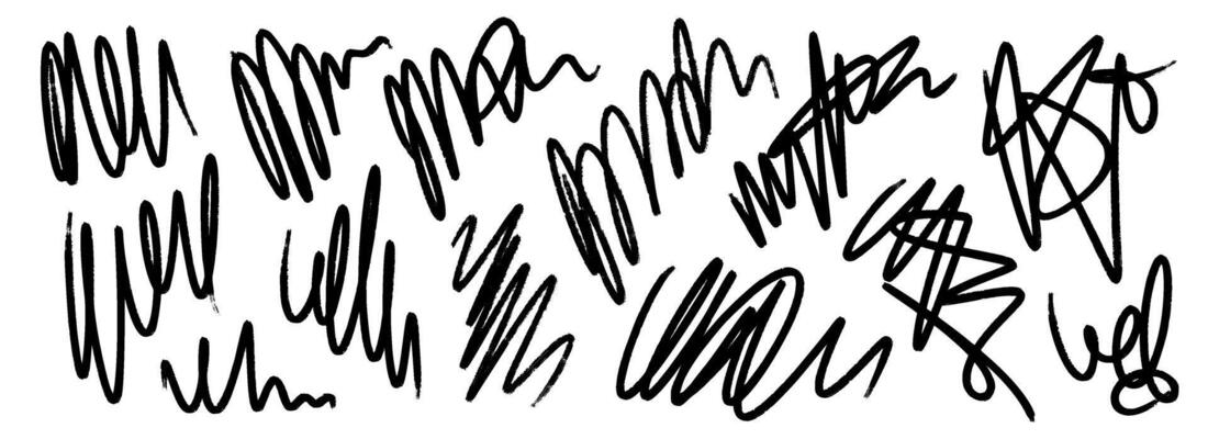 Hand drawn pen scribbles set. Free hand rough pencil scrawls collection. Grunge crayon curly doodle line pack. Messy charcoal squiggle brush stroke bundle. Black bold wiggly marker sketch swirl