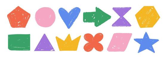 Hand drawn crayon shape set. Colorful bright charcoal doodle collection. Pastel pencil texture form pack for sticker, patch, badge, label. Childish sketch star, flower, hexagon, heart elements vector