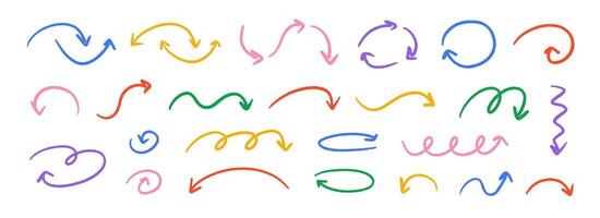 Hand drawn crayon wavy arrow collection. Color curved, zig zag and squiggle doodled arrows set. Charcoal sketch pointer and direction lines. Pastel pencil, chalk or marker brush stroke elements vector