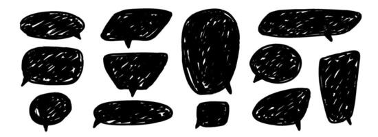 Hand drawn speech bubble collection. Doodled marker dialog box set. Sketched textured comic talk frames. Round, square or rectangle balloon text box bundle. Black scribbled chat box pack vector