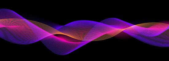 Neon sound wave on black background. Abstract flowing wavy lines design for ai concept, eq equalizer, audio record, voice assistant. Orange pink purple gradient curve stripe wallpaper vector
