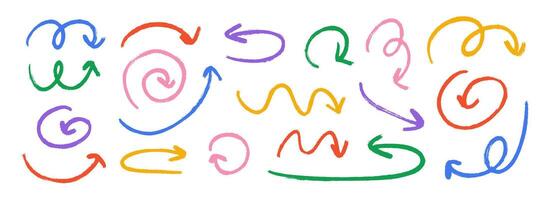 Hand drawn crayon wavy arrow collection. Color curved, wiggle and squiggle doodled arrows set. Charcoal sketch pointer and direction lines. Pastel pencil, chalk or marker brush stroke elements vector