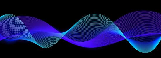 Neon sound wave on black background. Abstract flowing wavy dot lines design for ai concept, eq equalizer, audio record, voice assistant. Blue purple gradient dashed curve stripe wallpaper vector