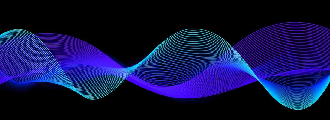 Neon sound wave on black background. Abstract flowing wavy dot lines design for ai concept, eq equalizer, audio record, voice assistant. Blue purple gradient dashed curve stripe wallpaper