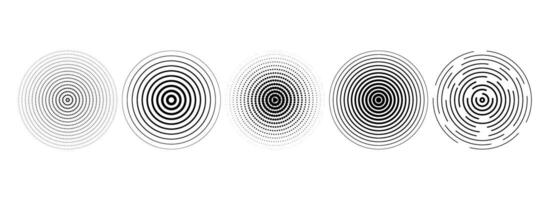 Black linear concentric circle set. Dotted and dashed sound wave collection. Epicenter, target, radar, sonar icon concept. Halftone radial radio signal or vibration element pack. vector