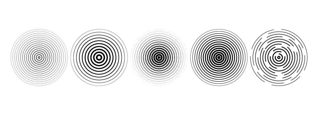 Black linear concentric circle set. Dotted and dashed sound wave collection. Epicenter, target, radar, sonar icon concept. Halftone radial radio signal or vibration element pack.