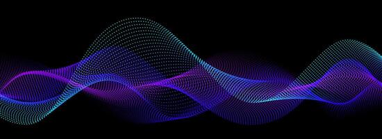 Neon sound wave on black background. Abstract flowing wavy dot lines design for ai concept, eq equalizer, audio record, voice assistant. Blue green purple gradient dashed curve stripe wallpaper vector