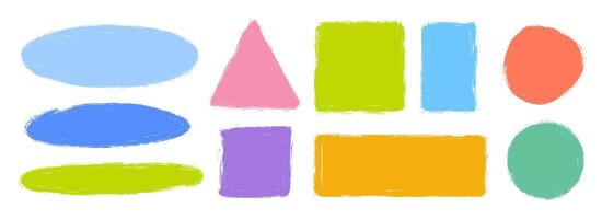 Childish colorful crayon text box set. Cute hand drawn sticker shape collection. Rough edge geometric patch pack. Playful doodled borders and frames. Bright painted elements for collage, banner vector