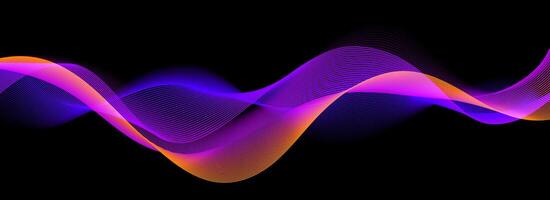 Smooth neon sound wave on black background. Abstract flowing wavy lines design for ai concept, eq equalizer, audio record, voice assistant. Orange blue purple gradient curve stripe wallpaper. vector