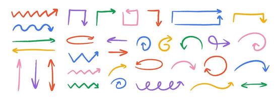 Hand drawn crayon arrow collection. Curved, zig zag and straight doodle arrows set. Charcoal sketch pointers and direction lines. Pastel pencil, chalk or marker brush stroke elements vector