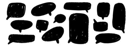 Hand drawn speech bubble collection. Doodled marker dialog box set. Scribbled textured comic talk frames. Black sketched chat box pack. Round, square or rectangle balloon text box bundle vector