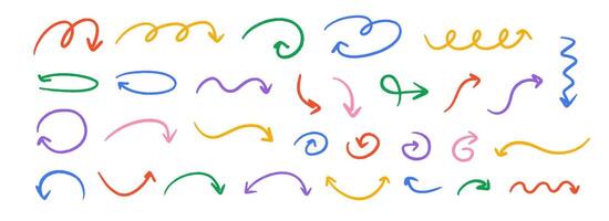 Hand drawn crayon wavy arrow collection. Color curved, zig zag and squiggle doodle arrows set. Charcoal sketch pointers and direction lines. Pastel pencil, chalk or marker brush stroke elements vector