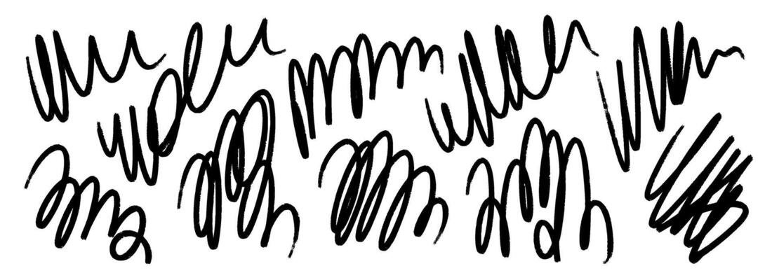 Hand drawn pen scribble set. Free hand rough pencil scrawl collection. Grunge crayon curly doodle line pack. Messy charcoal squiggle brush stroke bundle. Black bold wiggly marker sketch swirl
