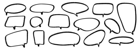 Hand drawn speech bubbles collection. Doodled marker dialog box set. Sketched textured comic talk frames. Round, square or rectangle balloon text box bundle. Felt tip pen chat box pack vector