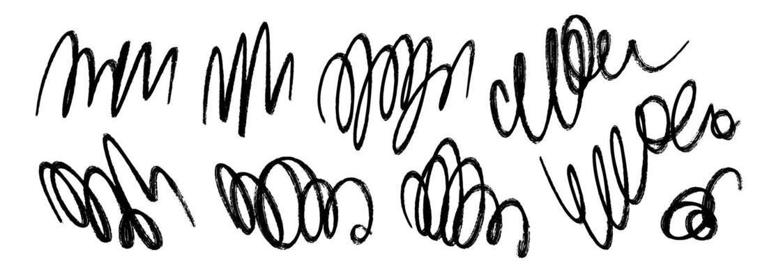 Freehand pen scribble set. Hand drawn rough pencil scrawl collection. Grunge crayon curly doodle line pack. Messy charcoal squiggle brush stroke bundle. Black bold marker sketch swirl.