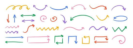 Hand drawn crayon arrow collection. Colorful curved, zig zag and wavy doodle arrows set. Charcoal sketch pointers and direction lines. Pastel pencil, chalk or marker brush stroke elements vector
