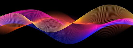 Smooth neon sound wave on black background. Abstract flowing wavy lines design for ai concept, eq equalizer, audio record, voice assistant. Yellow blue pink gradient curve stripe wallpaper vector