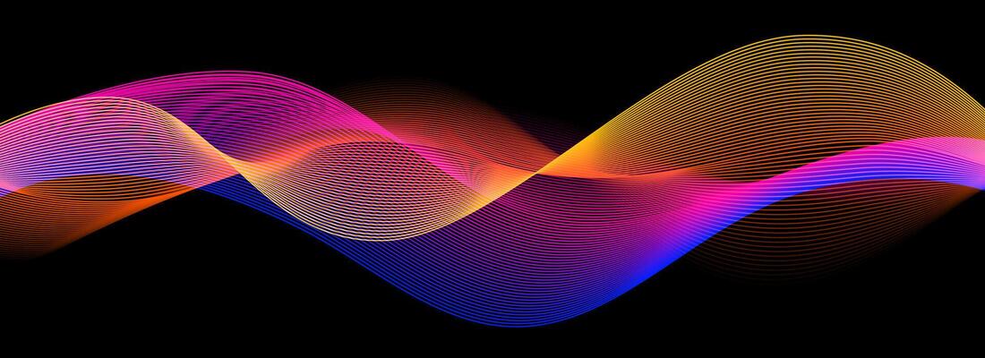Smooth neon sound wave on black background. Abstract flowing wavy lines design for ai concept, eq equalizer, audio record, voice assistant. Yellow blue pink gradient curve stripe wallpaper