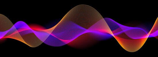 Neon sound wave on black background. Abstract flowing wavy lines design for ai concept, eq equalizer, audio record, voice assistant. Blue pink purple gradient curve stripe wallpaper vector
