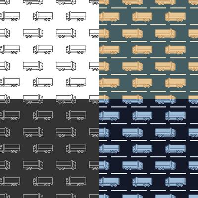 set of seamless patterns with Heavy construction equipment truck on road. Industrial machinery and equipment. Ornament for decoration and printing on fabric. Design element. image