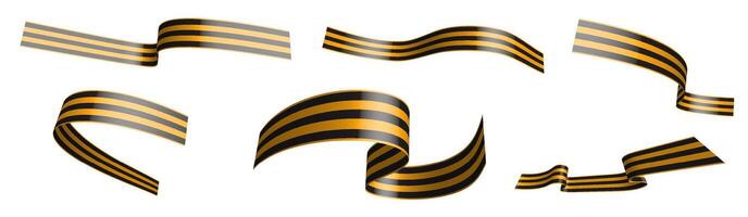 Set of holiday st george ribbons in black orange colors waving in wind. Separation into lower and upper layers. Design element. image on white background vector