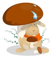 Little funny rabbit sits under large porcini mushroom, hiding from spring rain. Symbol of Easter and 2023 in Chinese calendar. Childrens illustration vector