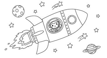 Coloring Page Outline of Cartoon Rocket Ship and Astronaut in Outer Space for Kids vector