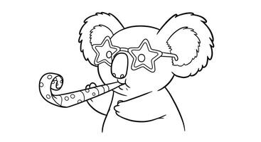 Happy koala character with party glasses and a noise maker, ready for a party coloring for children vector