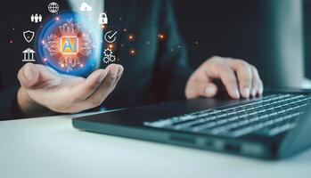 Hand business showing a icon of Ai technology to help work and use computer, AI Learning and artificial intelligence. photo