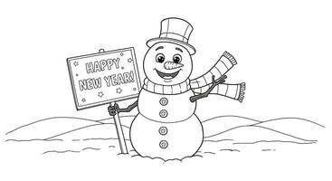 Festive Cartoon Snowman with a Happy New Year Message Sign Outline for Kids Seasonal Art vector
