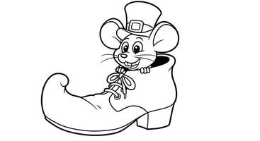 Funny cartoon style mouse hiding inside a leprechaun shoe outline illustration for kids st patricks day fun vector