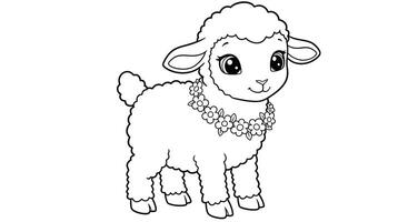 Sweet lamb adorned with a spring Easter garland, a charming holiday coloring page for kids to color vector