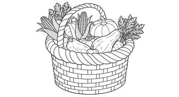 Wicker harvest basket overflowing with various vegetables, fall coloring page outline for kids farm vector