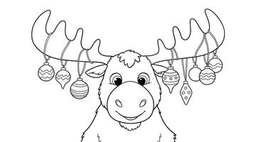 Charming cartoon style cute Christmas moose character outline art great for children to color during winter vector