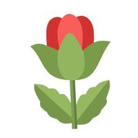 Flat red tulip icon with large green leaves and rounded petals. Minimal floral perfect for botanical designs or spring-themed decorations vector