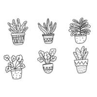 Set of black and white hand-drawn potted plants with unique patterns and foliage. Great for botanical coloring pages, home decor, or minimalist design projects vector