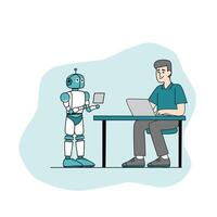 Futuristic illustration of a robot assisting a man working on a laptop. Perfect for AI, human-robot interaction, and modern technology themes vector