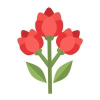 Three red flower buds on one green stem. Flat botanical perfect for garden or spring floral icons vector