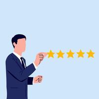 illustration of businessman giving a five-star rating. Ideal for customer feedback, quality review, rating systems, and service evaluation vector