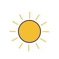 Flat icon of a bright yellow sun with rays, symbolizing sunny weather and daylight. Simple and colorful illustration for weather or nature design concept vector