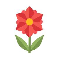 Red flower with layered pointed petals and a yellow center in flat style. Decorative spring bloom with green leaves and simple stem design vector