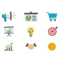 Set of flat business and marketing icons including megaphone, chart, shopping cart, lightbulb, handshake, target, and money coin. Colorful for finance and advertising design vector